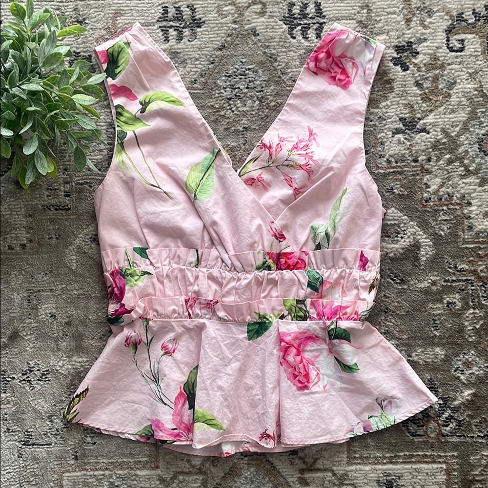 Express Pink Ruched Peplum Sleeveless Blouse